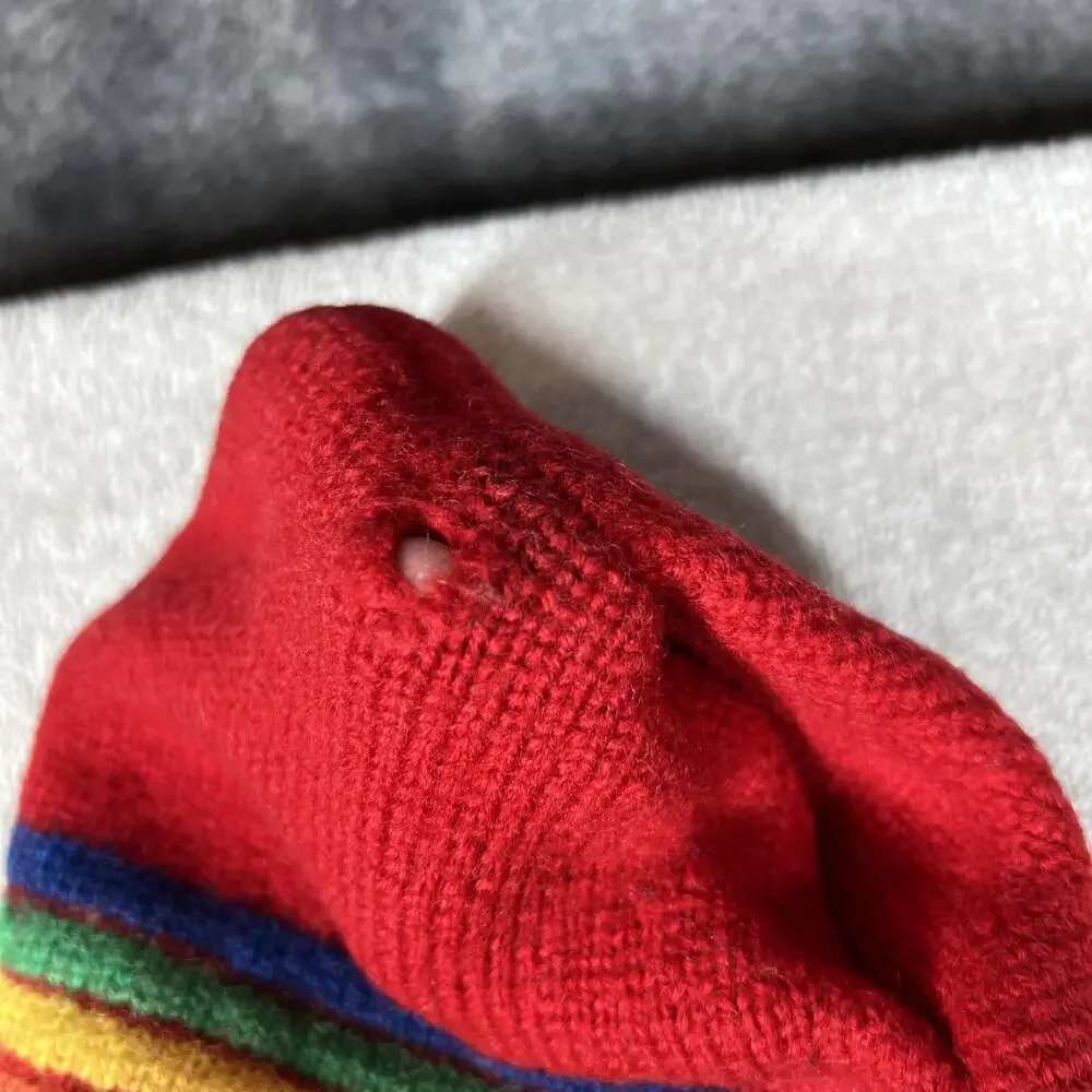 Hat Beanie Girls One Size Red 100% Wool Striped Rainbow Winter Cozy Casual